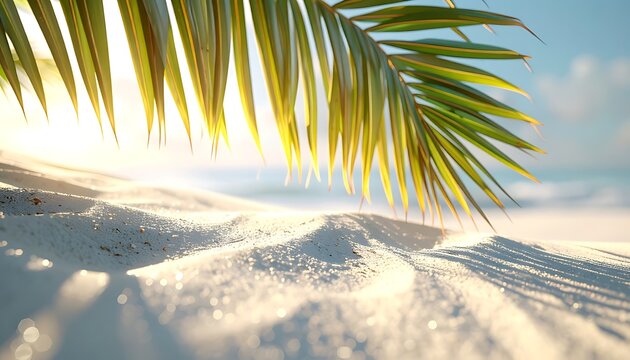 Palm frond hanging over sunlit sand dunes on a tropical beach, golden hour light, serene ocean view