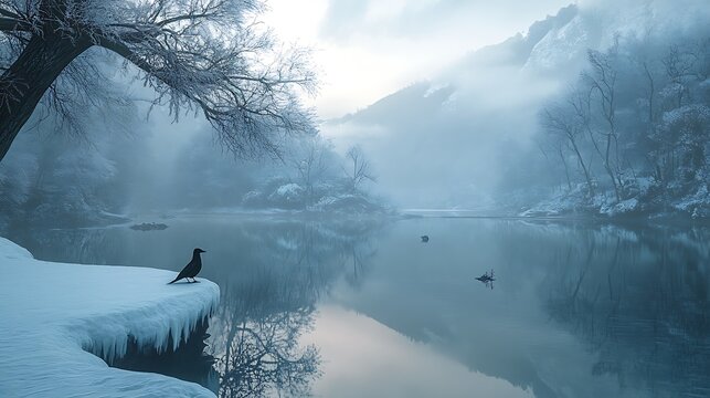 Solitary crow on a winter's edge, gazing across the fog-laden mountain lake