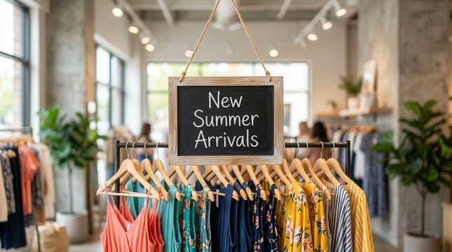New summer arrivals hanging board displayed in a fashion clothing boutique.