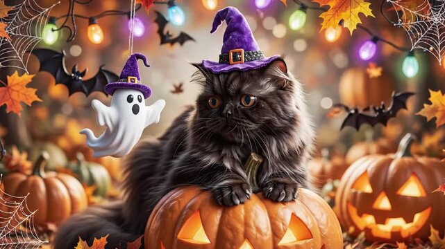 Black Fluffy Cat In Purple Witch Hat Sitting On Glowing Jack O Lantern In Spooky Halloween Forest With Floating Ghost And Festive Lights