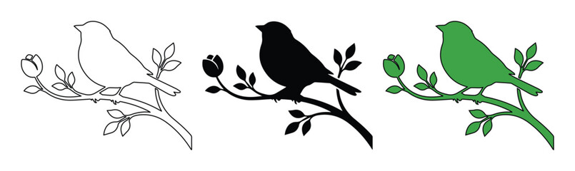 Minimalist bird on branch vector set, black silhouette and green garden songbird icons, elegant floral branch line art for nature branding © Carter