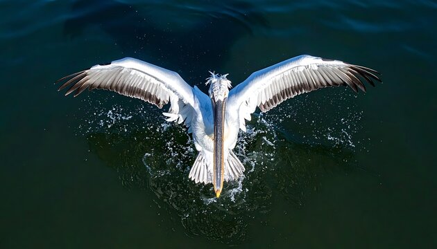 Pelican wings spread diving into water creating splash, majestic bird in flight over dark blue ocean, dynamic action shot