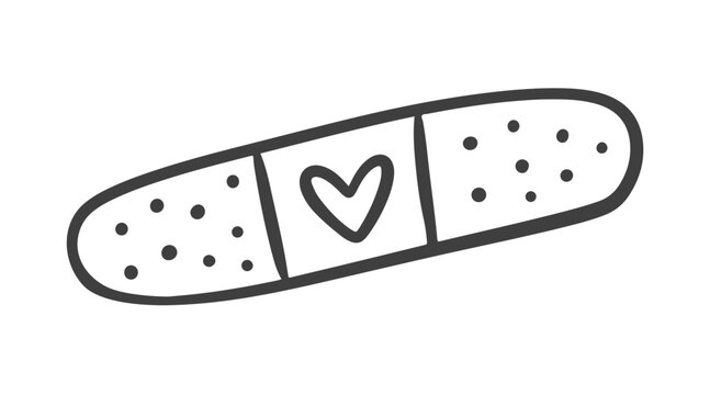 Band aid icon with heart in outline style, plaster