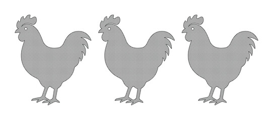 Minimalist rooster silhouette set, grey farm animal icons, three standing chicken vector illustrations for poultry branding and rustic design © Carter