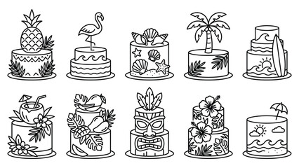 Exotic beach theme cake line art set featuring tiki masks flamingos and tropical greenery. © Md
