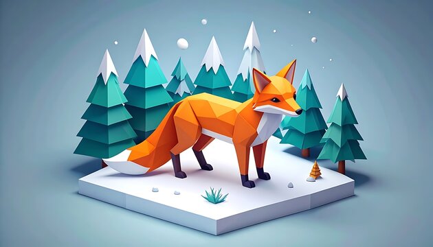 Pixel art fox standing in a snowy forest landscape, geometric low poly design, winter theme, cute animal illustration