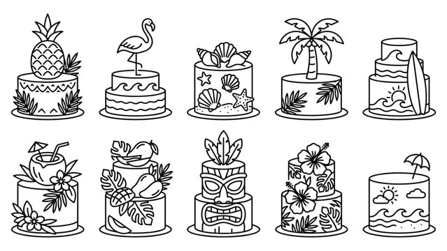 Exotic beach theme cake line art set featuring tiki masks flamingos and tropical greenery.