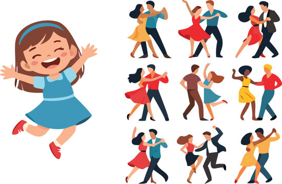 Happy girl jumping and dancing couples set, joyful emotions and partner dance vector illustration collection