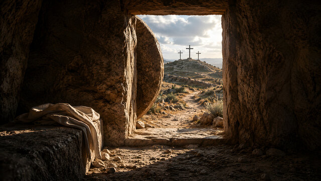Empty tomb of jesus christ with three crosses on a hill at sunrise