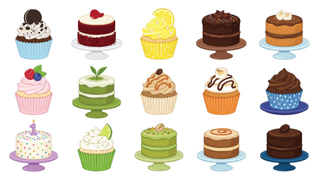 Assorted cupcakes and small cakes collection with delicious toppings and flavors variety.