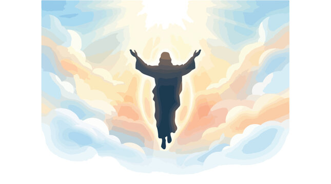 Jesus Christ ascending into heaven with arms raised in glory.