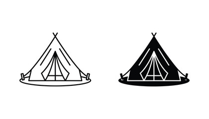 Camping tent icon set in outline and solid black style for outdoor travel and adventure branding designs © Echo