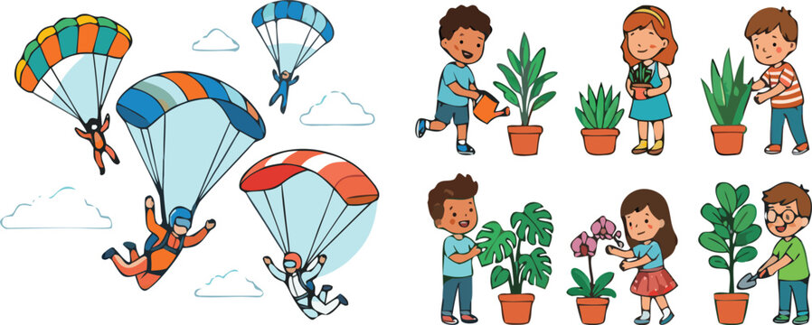 Parachuting skydivers and kids gardening plants set, outdoor adventure and nature care vector illustration collection