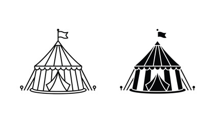 Circus tent icon set featuring striped patterns in outline and solid black silhouette design © Echo
