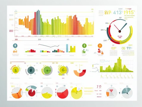 A flat infographic-style health data panel displays charts for heart rate monitoring, steps, calorie consumption, and sleep, with a bright white background.