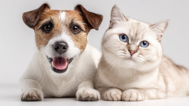 Cute duo portrait featuring a smiling small dog and a smiling cat on white background