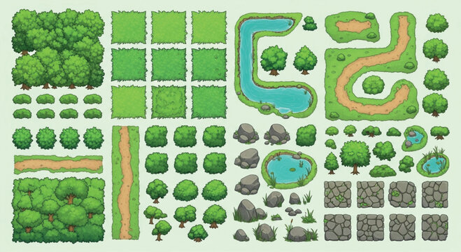 Top-down game assets for forest landscape, cartoon nature map tiles with green trees and water ponds, 2D environment vector set for level design