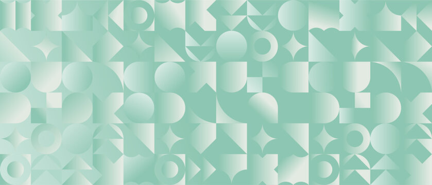 Geometric seamless pattern in Bauhaus style. Green Gradient abstract shapes background in swiss style. Vector illustration.