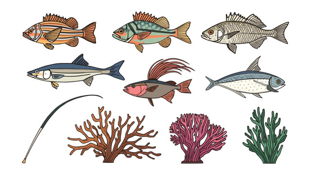 Aquatic Harmony: A vivid illustration showcases an array of marine life, from vibrant fish to coral reefs and a fishing rod, offering a glimpse into the underwater world.