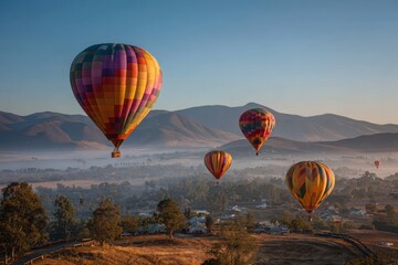Fototapeta premium Dawn ascent of colorful hot air balloons over a misty valley