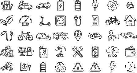 Fototapeta premium Electric Vehicle (EV) Charging Sustainable Transport Doodle Line Art Icons Set. Hand-drawn Symbols for Eco-friendly Cars, Bikes, Scooters, and Battery Power.