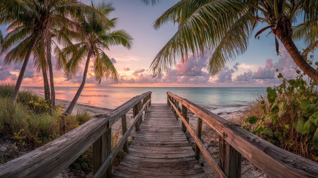 Dawn scene: wooden footbridge reaching a tranquil Key West beach with golden light and calm turquoise water