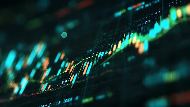 Abstract financial stock market chart showing dynamic candlestick patterns and data points across digital screen with cinematic depth of field for business analytics and investment tracking.