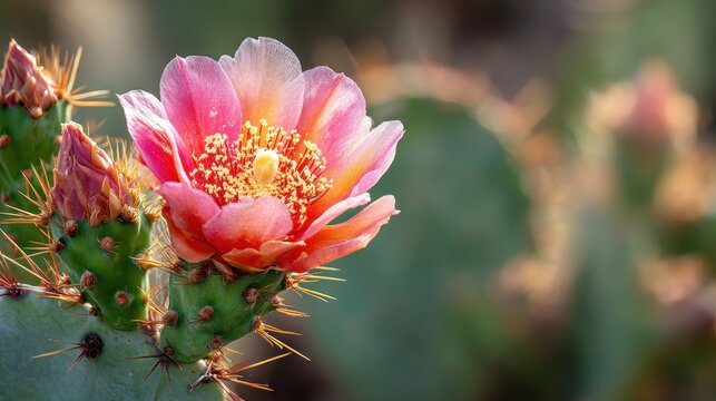 Desert cactus bloom featuring vibrant prickly pear flower among paddle-shaped pads