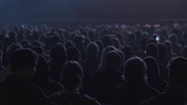 Crowd seated in dark concert hall, silhouettes create moody atmosphere, viewers focused on stage, blue backlight and soft highlights suggest live music event.