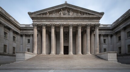 Fototapeta premium Dignified judicial building exterior in neutral limestone tones, with monumental columned frontage