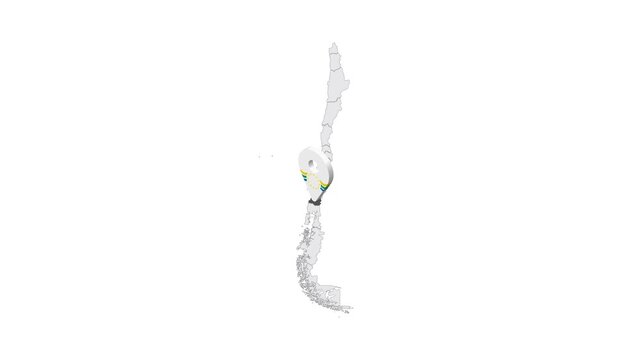 Location Los Rios Region on map Chile. 3d Los Rios emblem map marker location pin. Map of Chile showing different parts. 4K.  Animated Video