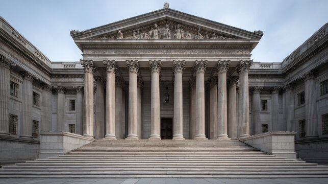 Dignified judicial building exterior in neutral limestone tones, with monumental columned frontage
