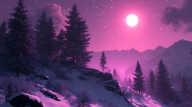 A mystical winter landscape with snow-covered pines beneath a luminous moon