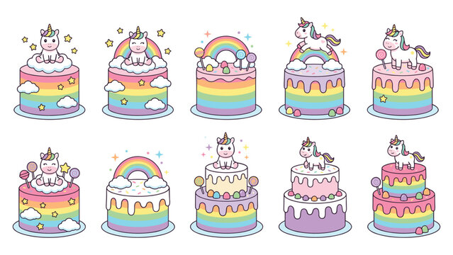 Set of colorful unicorn themed birthday cakes with rainbows and stars isolated on white.