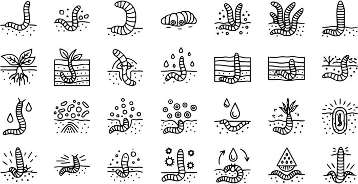 Earthworm Icons: Black and White Line Art for Agriculture and Soil Science