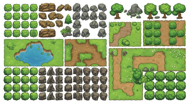 Cartoon game environment map assets, 2D top-down nature tileset with trees and rocks, hand-drawn forest landscape vector kit for level design