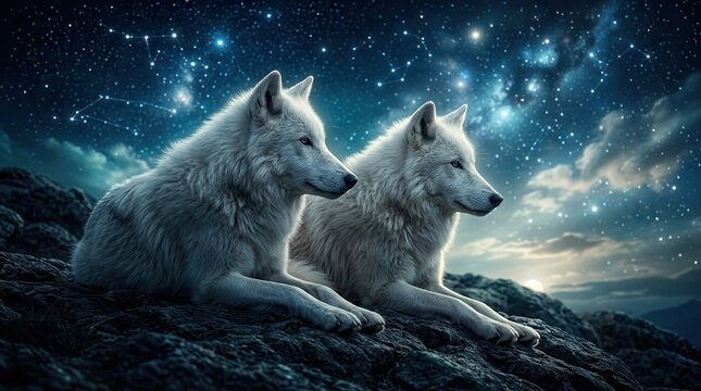 Two white wolves standing together on a rocky hillside under a starry night sky.