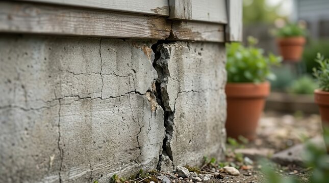 Cracked house foundation with visible structural damage and home defects.