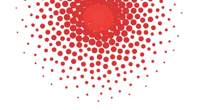 Minimalist vector background featuring a field of red dots in various sizes and densities scattered across a plain white surface, creating a dynamic polka dot pattern effect.
