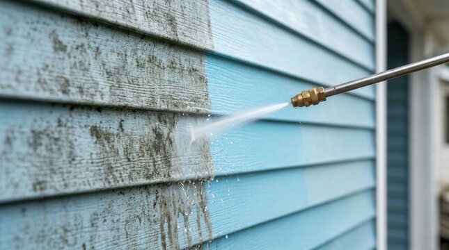 High pressure water spray removing dirt, mold, and stains from house siding.