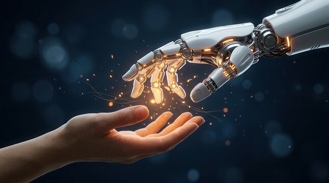 Agentic AI and generative intelligence systems interacting with human hands.