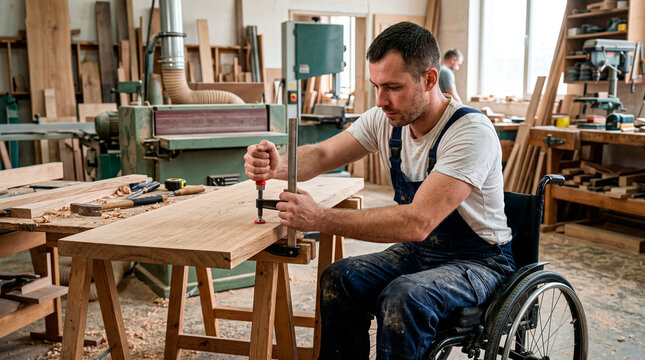 Carpenter in wheelchair meticulously works on wood with clamp in workshop