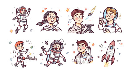 Astronaut's Universe Adventures: A delightful series of astronaut illustrations exploring the cosmos, where brave explorers venture into space.  © Hasib