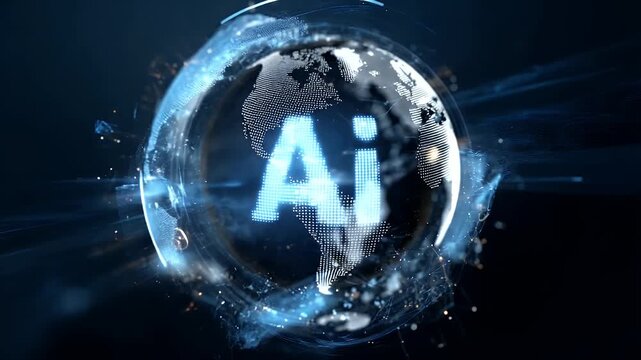 Artificial intelligence global network concept showing glowing ai text centered over digital rotating world map with futuristic data visualization and cybernetic connection motion graphics.