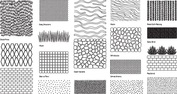 Architectural paving patterns and ground texture set featuring stone brick grass and grid layouts for site plan rendering. Vector Illustration