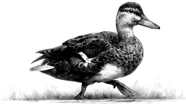 Black and white illustration of a walking duck with detailed feather textures