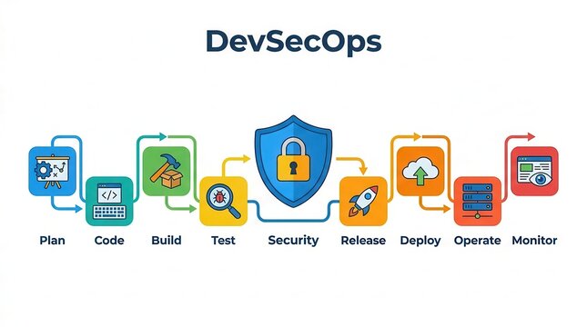 DevSecOps software development lifecycle pipeline showing planning, coding, building, testing, security, release, deployment, operation, and monitoring stages.