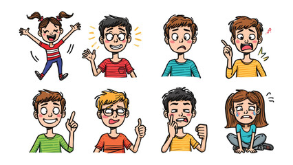 Emotional Spectrum: A collection of expressive cartoon people, each portraying a unique emotion, showcasing the vast range of human feelings from happiness to sadness, curiosity to fear. © Hasib