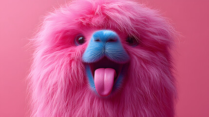 Fototapeta premium Funny fluffy pink llama or alpaca character with large blue eyes for creative design and kids