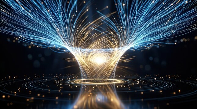 Streams of glowing data points converging into a central hub in a futuristic light funnel.